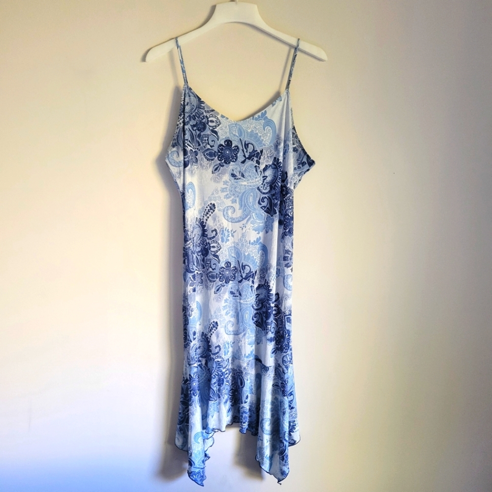 Y2K Semi-Sheer Paisley Boho Whimsy Fairy Midi Slip Dress Asymmetrical Hi…